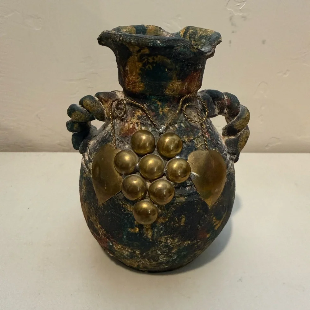 Pottery Vintage Vase Brass and Copper Accents Loop‎ Handles Primitive Folk Art